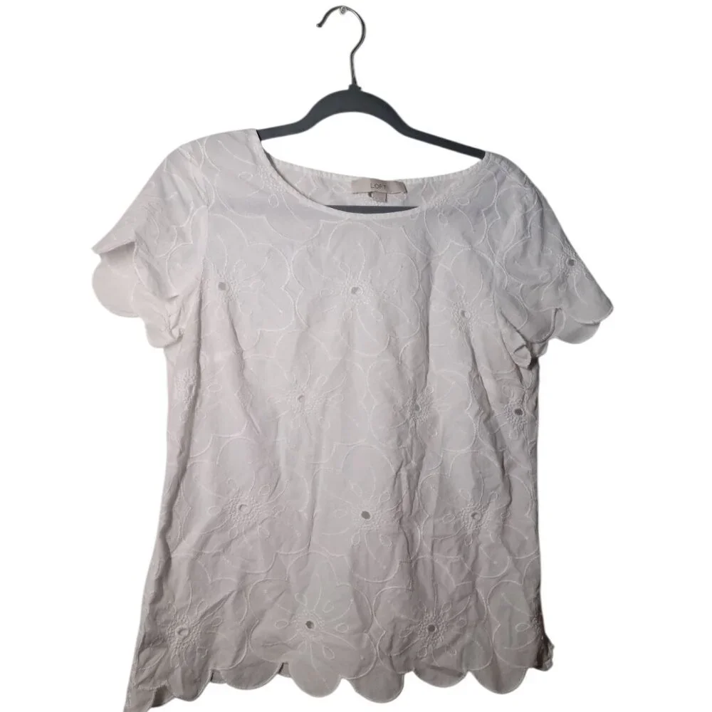LOFT Whimsy Croquet Embroidered Floral Texture Scalloped Hemline Top - Picture 4 of 4